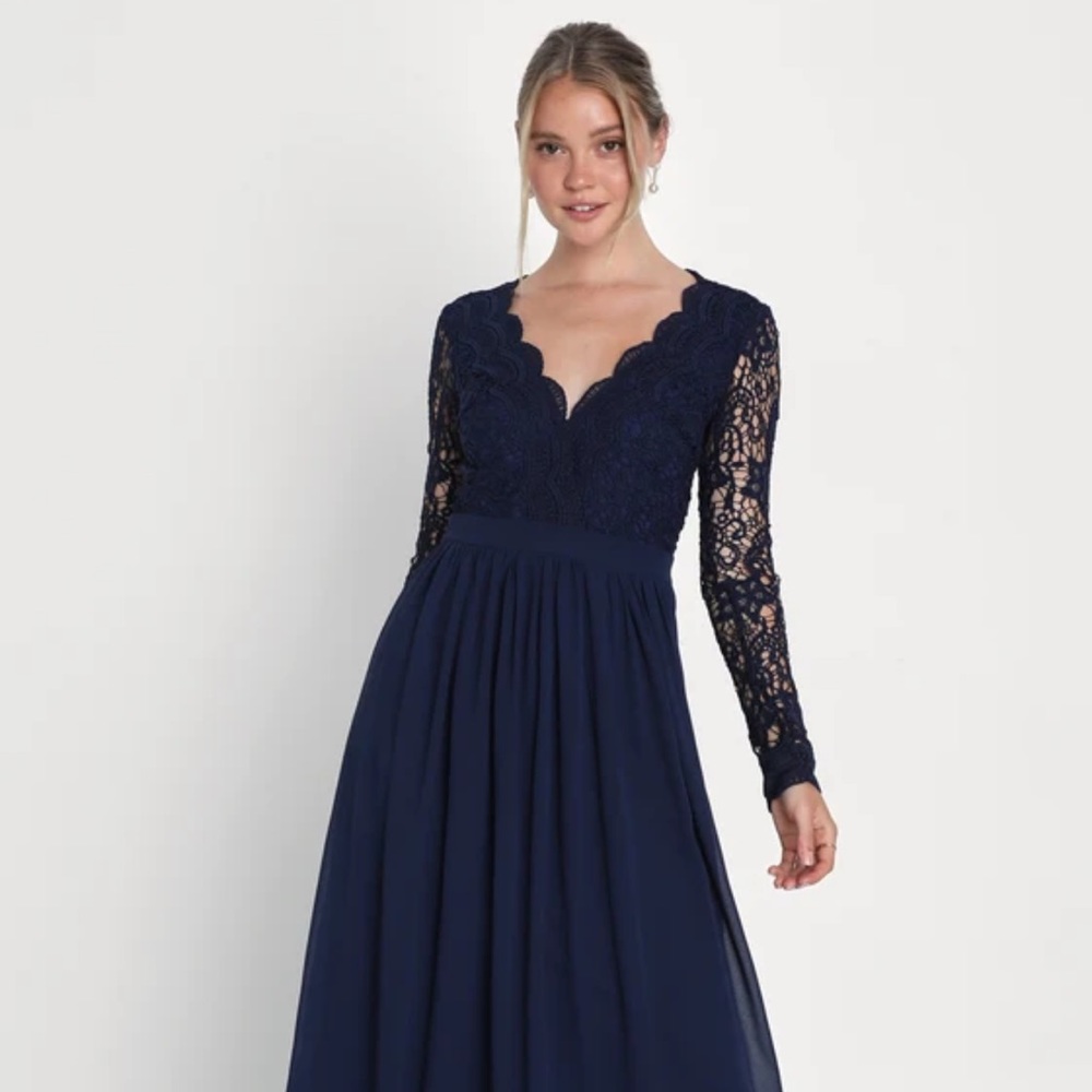Lulus Awaken My Love Navy Blue Long Sleeve Lace Maxi Dress